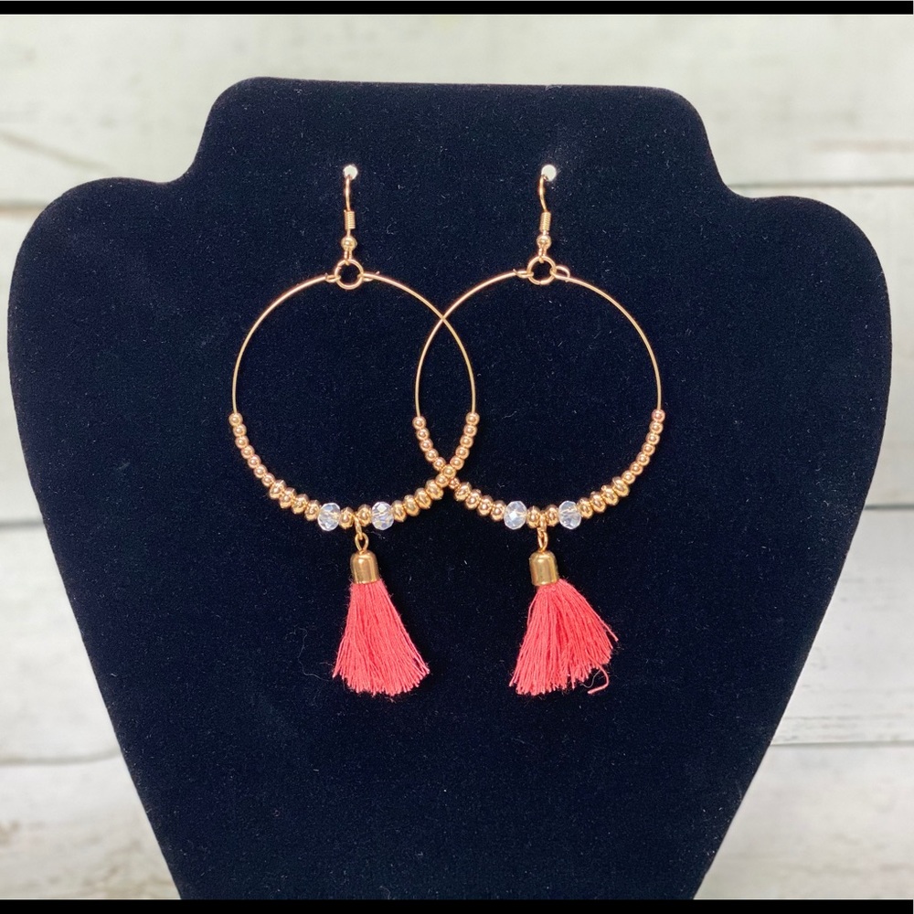 Women's Fringe Tassel Hoop Statement Earrings Pink